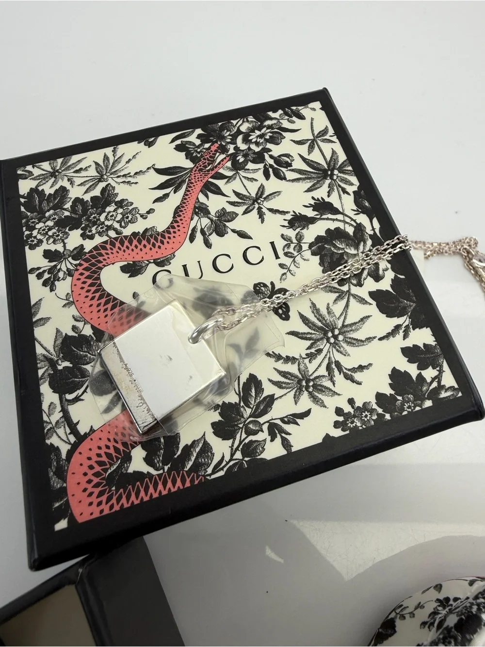 Gucci Sterling Silver Trademark Logo Square Pendant Necklace
